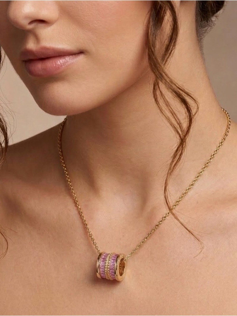 Adina Eden Gold & Pink CZ Barrel Pendant on Delicate Chain